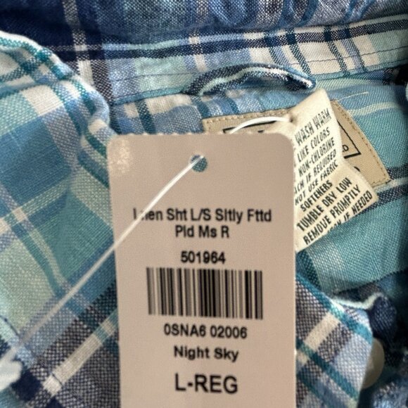 LL Bean Shirt Mens Large Blue Plaid Button Up Slightly Fitted Linen Regular Fit - Picture 9 of 10